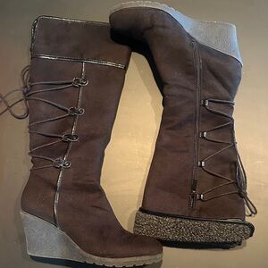 Women's Tall Wedge Lace-Up Boots in Dark Brown